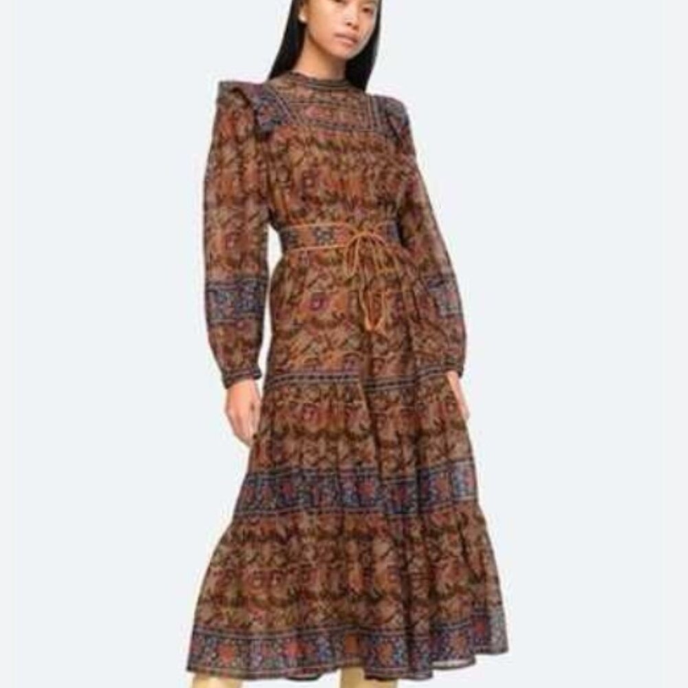 Sea New York Rosita Cotton Floral Midi Dress in Brown/Blue XS $465